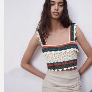 ZARA Knit Multicolor Crochet Ruffle Crop Top Women’s Size S Boho Festival Y2K